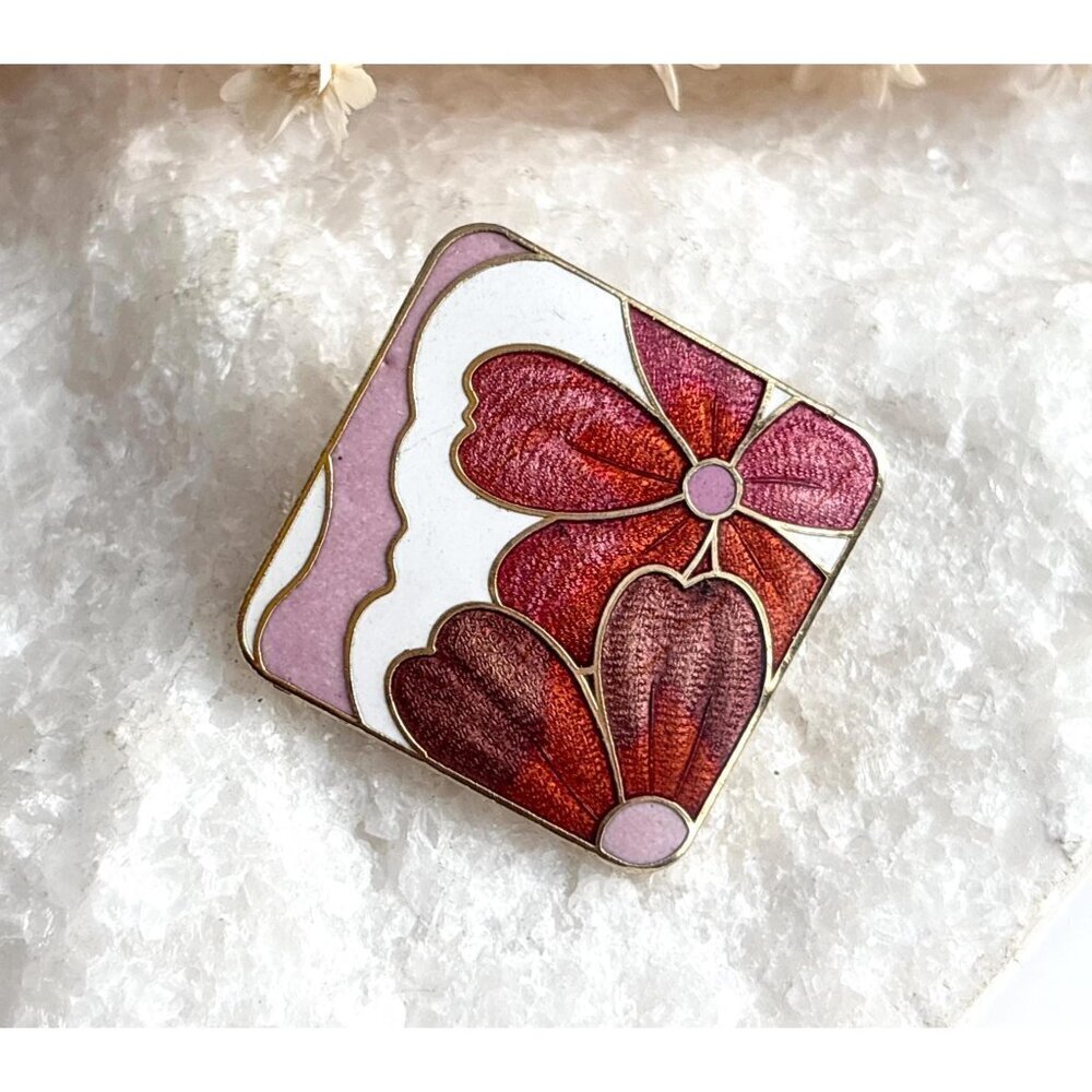 Enameled  Pink & Orange Gold Toned Floral Vintage Costume Jewelry Brooch
